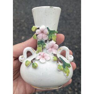 Antique - Vintage Porcelain Applied Flower Handled Vase Cherry Blossoms Prunus